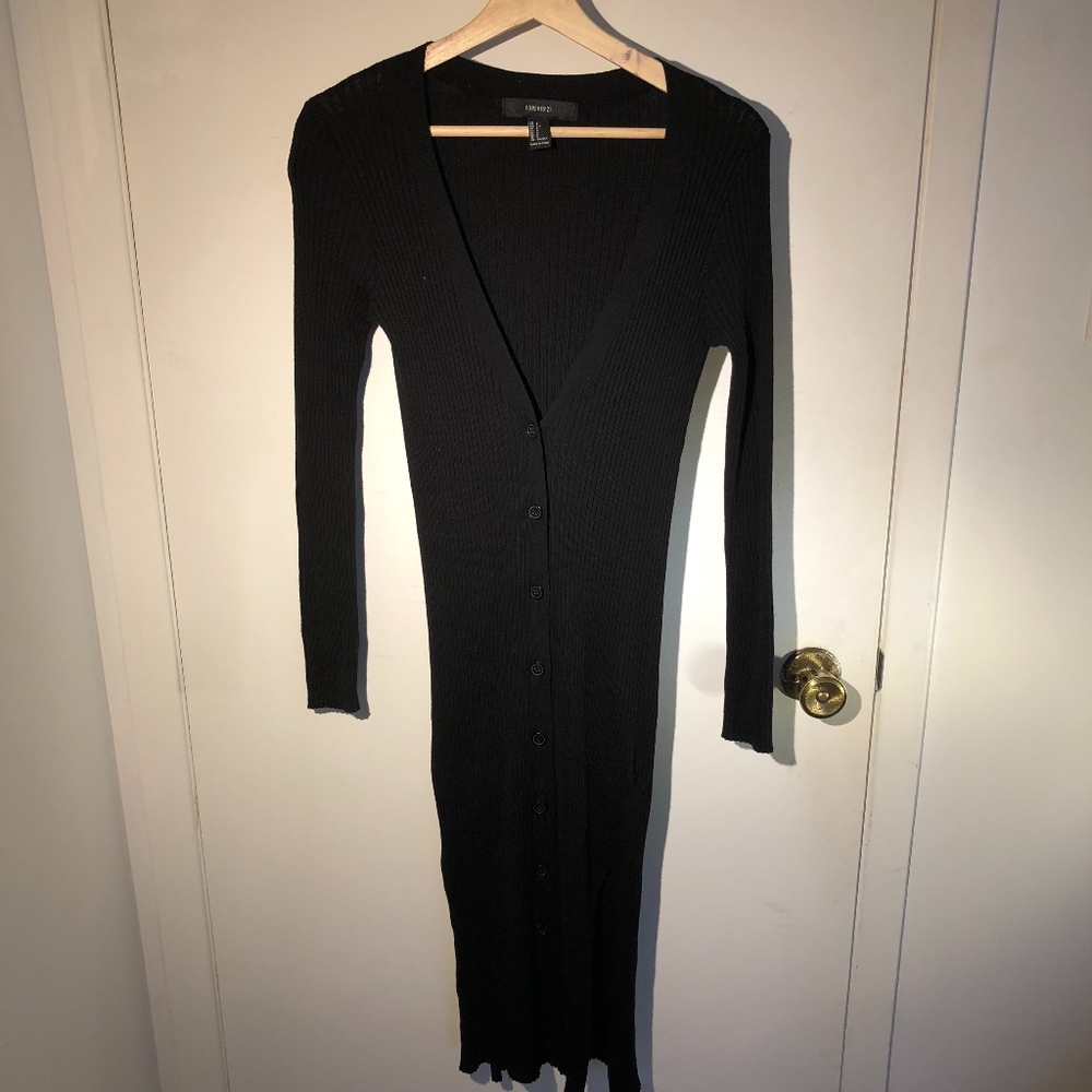 Forever 21 Long Black Ribbed Cardigan with Slits